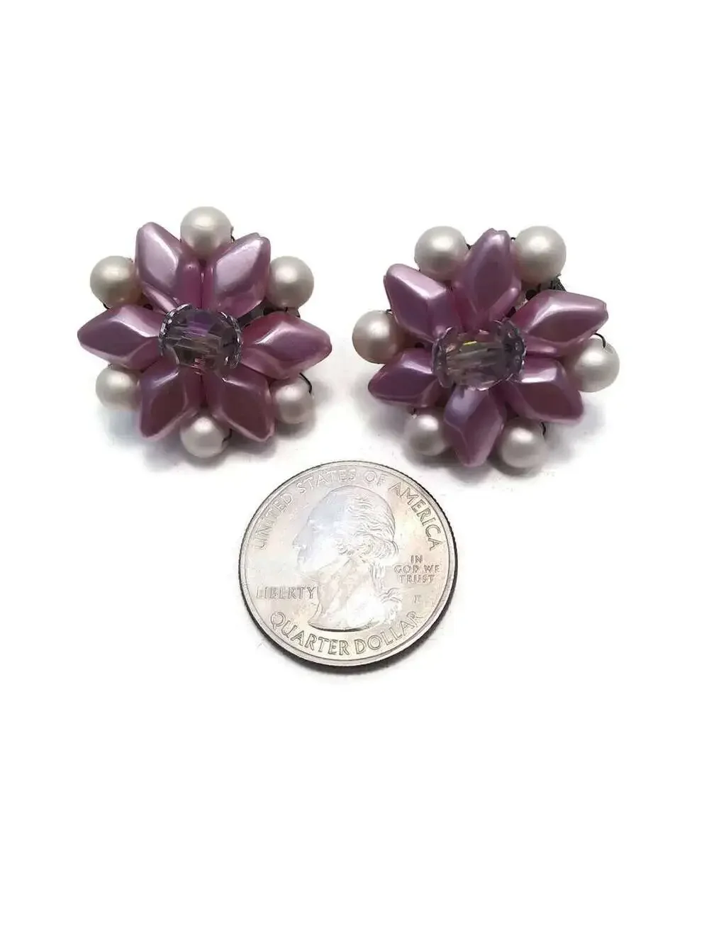 VTG JAPAN Plastic White, Faux Pearl and Purple Colored Flower Clip on Earrings.
